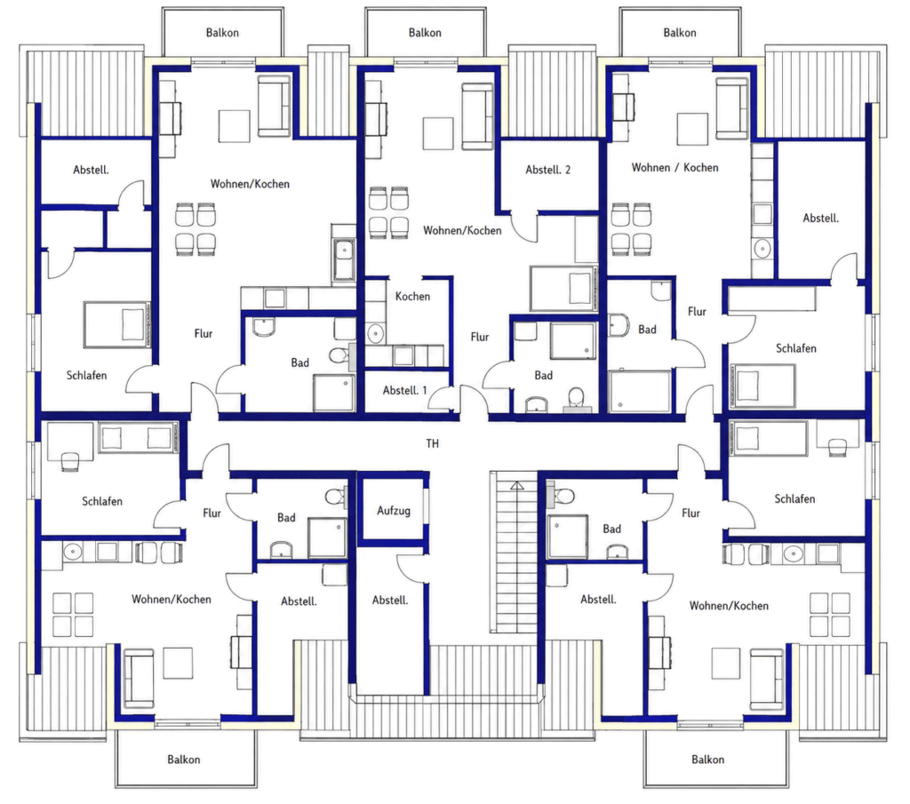 Grundriss Dachgeschoss Haus 1, Zum Rehmer Eck Bad Oeynhausen – großzügige 2- und 3-Zimmer-Wohnungen mit separaten Koch- und Wohn-/Essbereichen sowie Balkonen auf beiden Gebäudeseiten.