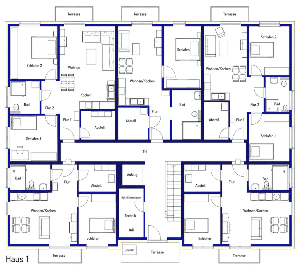 Grundriss Erdgeschoss Haus 1, Zum Rehmer Eck Bad Oeynhausen – 2- bis 3-Zimmer-Wohnungen mit privaten Terrassen, barrierefreier Erschließung über Aufzug, zentralem Technikraum und Luft-Wasser-Wärmepumpe (L/W-WP).