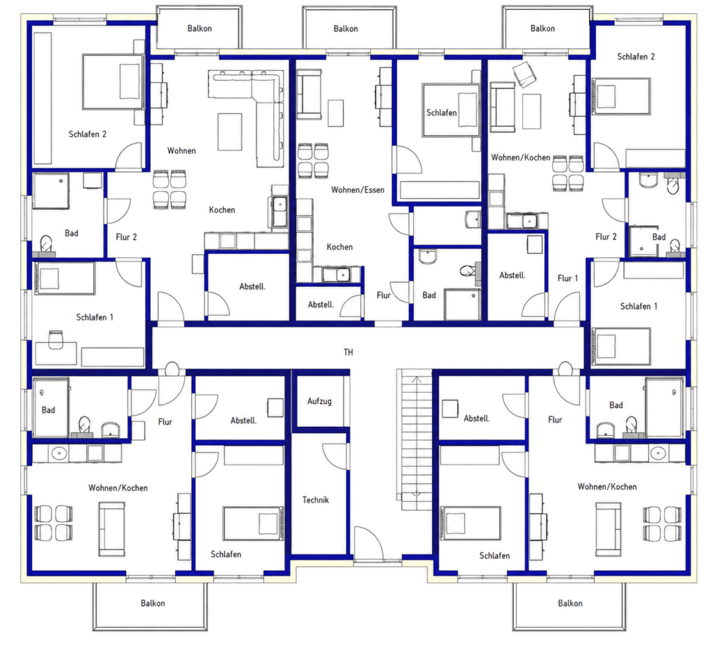Grundriss Obergeschoss Haus 1, Zum Rehmer Eck Bad Oeynhausen – zwei- und dreigeschossige 2- bis 3-Zimmer-Wohnungen mit Wohnen/Kochen, Schlaf-, Bade- und Abstellräumen sowie Balkonen auf beiden Gebäudeseiten.