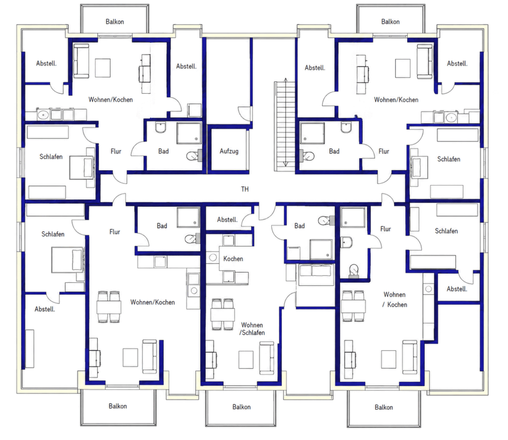 Grundriss Dachgeschoss Haus 2, Zum Rehmer Eck Bad Oeynhausen – 2- bis 3-Zimmer-Wohnungen mit Wohnen/Essen, Schlafräumen und Balkonen, zentrale Erschließung über Treppenhaus mit Aufzug.