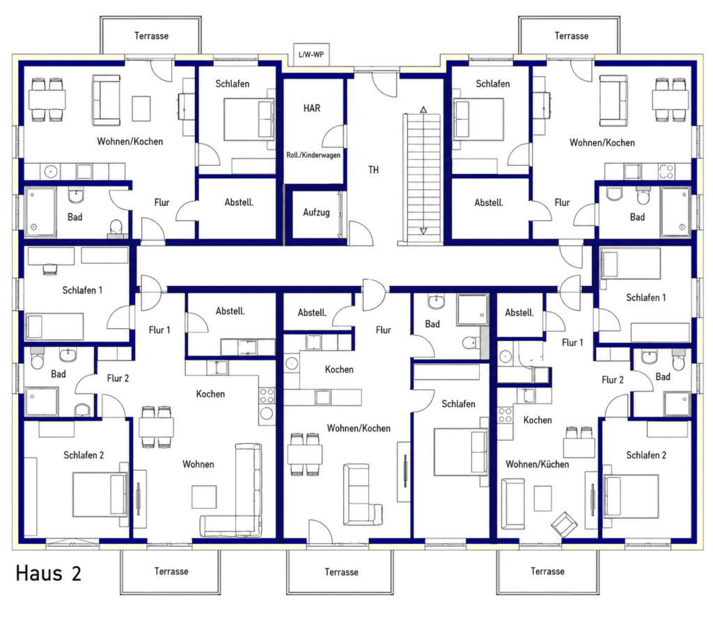 Grundriss Erdgeschoss Haus 2, Zum Rehmer Eck Bad Oeynhausen – 2- bis 3-Zimmer-Wohnungen mit Terrassen, zentralem Hausanschlussraum (HAR), Roll-/Kinderwagen-Bereich und Luft-Wasser-Wärmepumpe außen.
