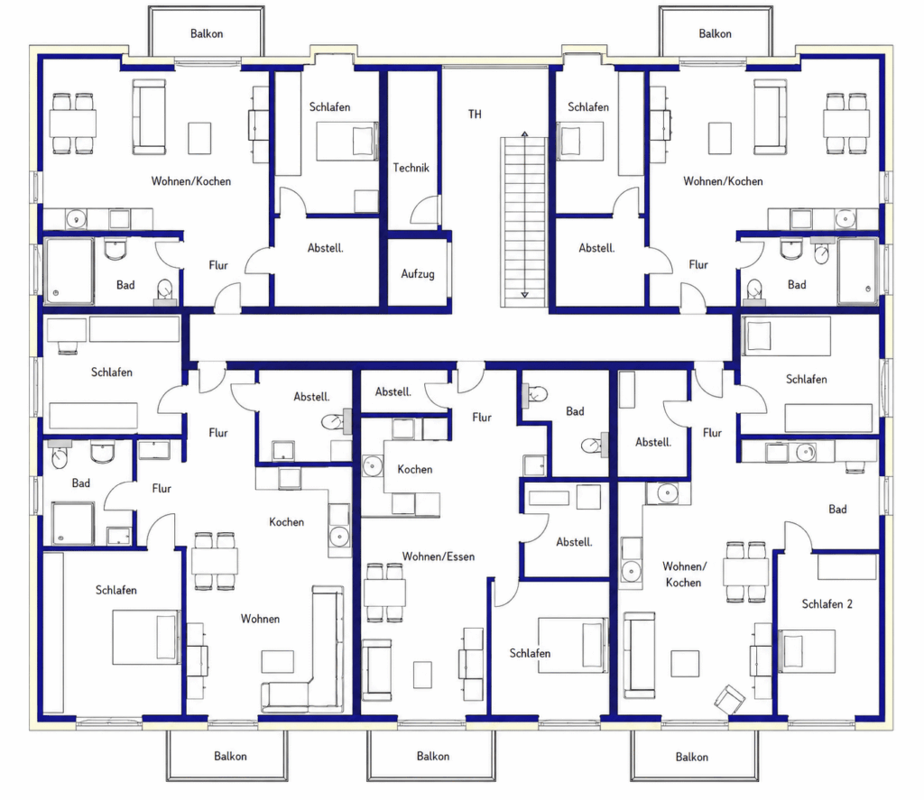 Grundriss Obergeschoss Haus 2, Zum Rehmer Eck Bad Oeynhausen – 2- bis 3-Zimmer-Wohnungen mit Balkonen, Wohnen/Kochen, Schlaf- und Badräumen sowie barrierefreiem Aufzugszugang.