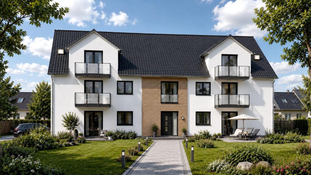 Gefördertes Mehrfamilienhaus am Zum Rehmer Eck in Bad Oeynhausen – weiße Putzfassade mit Holzverkleidung am Eingangsbereich, umlaufende Glasbalkon-Geländer und gepflegter Gartenbereich, KfW-Effizienzhaus 55.