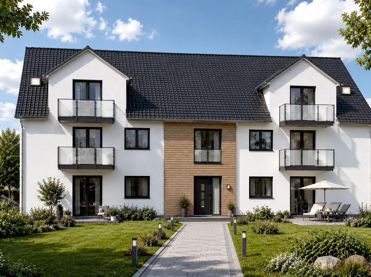 Gefördertes Mehrfamilienhaus am Zum Rehmer Eck in Bad Oeynhausen – weiße Putzfassade mit Holzverkleidung am Eingangsbereich, umlaufende Glasbalkon-Geländer und gepflegter Gartenbereich, KfW-Effizienzhaus 55.