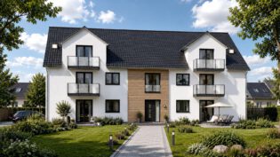 Gefördertes Mehrfamilienhaus am Zum Rehmer Eck in Bad Oeynhausen – weiße Putzfassade mit Holzverkleidung am Eingangsbereich, umlaufende Glasbalkon-Geländer und gepflegter Gartenbereich, KfW-Effizienzhaus 55.
