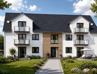 Gefördertes Mehrfamilienhaus am Zum Rehmer Eck in Bad Oeynhausen – weiße Putzfassade mit Holzverkleidung am Eingangsbereich, umlaufende Glasbalkon-Geländer und gepflegter Gartenbereich, KfW-Effizienzhaus 55.