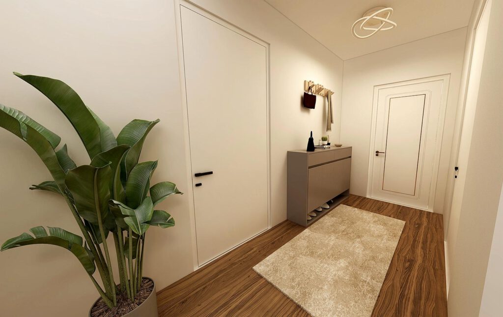 Eingangsflur einer Mietwohnung am Zum Rehmer Eck in Bad Oeynhausen – heller Flurbereich mit Vinylboden, Garderobe und Innentüren in zeitgemäßer Ausführung.