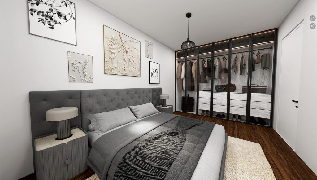 Schlafzimmer einer Mietwohnung am Zum Rehmer Eck in Bad Oeynhausen – Doppelbett mit beleuchteter Ankleidezone, Vinylboden in Holzoptik.