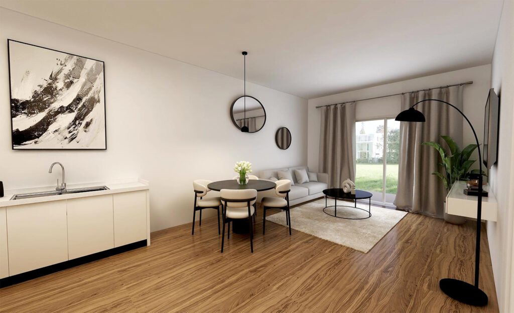 Offener Wohn- und Essbereich einer Mietwohnung am Zum Rehmer Eck in Bad Oeynhausen – Küchenzeile, Esstisch, Sofa und Terrassentür mit Grünblick, Vinylboden und Fußbodenheizung.