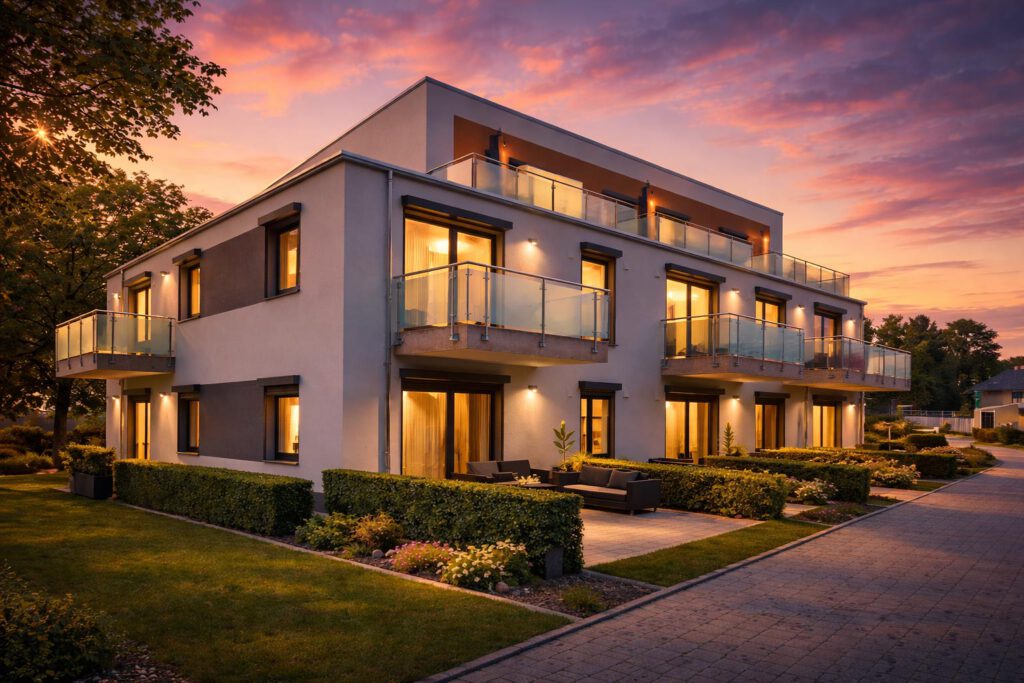 Mehrfamilienhaus am Forellensee in Heisede bei Abenddämmerung mit beleuchteten Balkonen und Terrassen