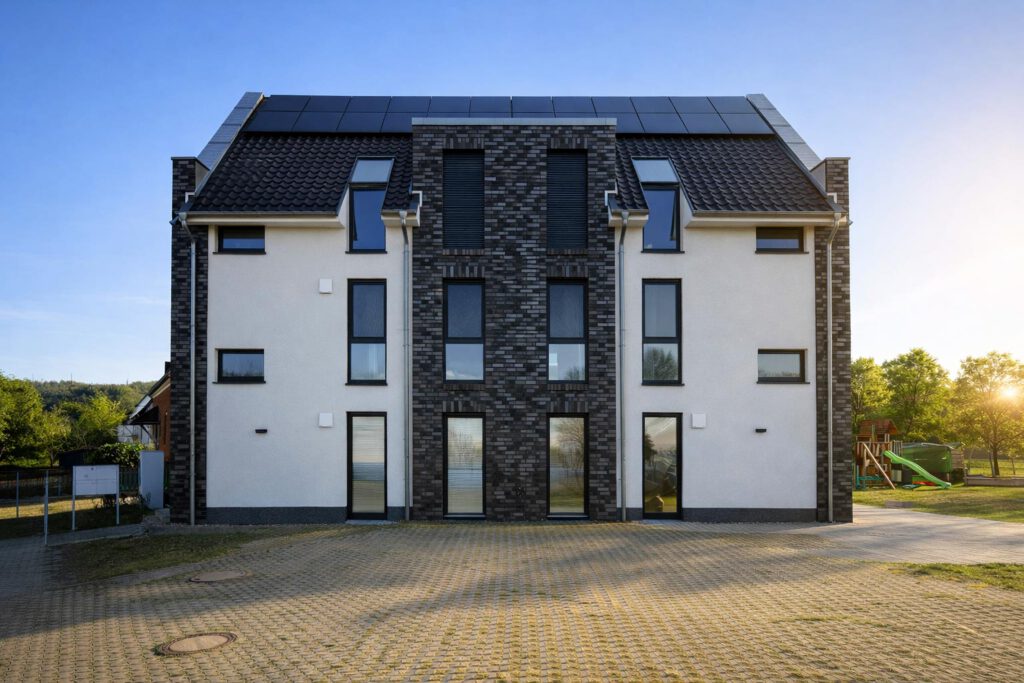 Mehrfamilienhaus in Gehrden mit Klinker-Putz-Fassade, Photovoltaikanlage und Satteldach, Vorderansicht bei Abendsonne