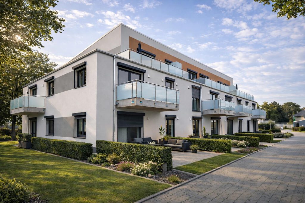 Mehrfamilienhaus in Heisede mit Balkonen, Terrasse und Außensitzbereich, Vorderansicht mit Garten