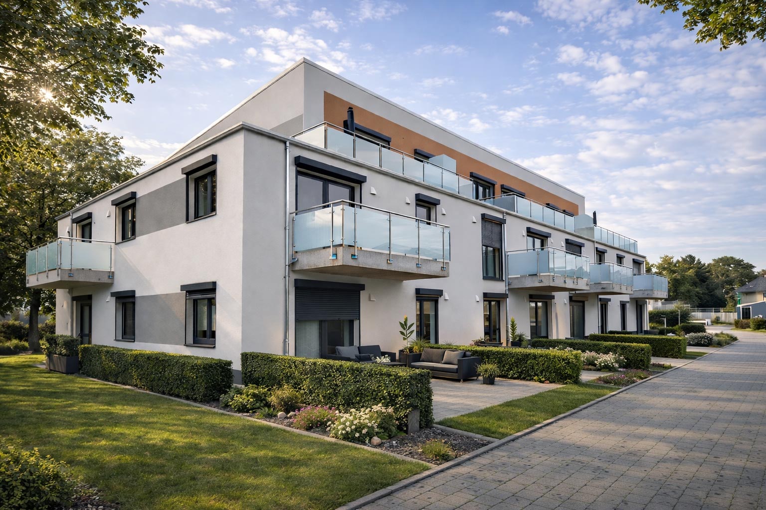 Mehrfamilienhaus in Heisede mit Balkonen, Terrasse und Außensitzbereich, Vorderansicht mit Garten