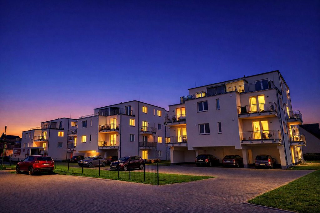 Beleuchtete Außenansicht der Wohnanlage Lehrte-Hämelerwald bei Abenddämmerung – drei Mehrfamilienhäuser mit insgesamt 54 modernen Mietwohnungen, Baujahr 2022–2024