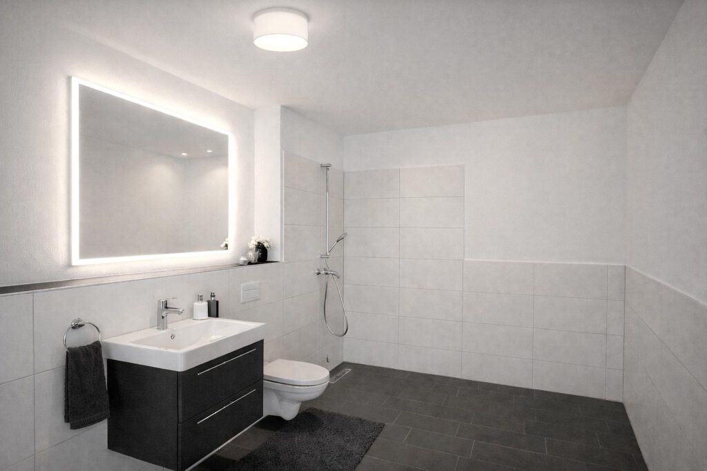 Modernes Badezimmer einer geförderten Mietwohnung in Lehrte-Hämelerwald mit bodenebener Dusche, Hintergrundbeleuchtung am Spiegel, wandhängendem Waschtisch und hellem Fliesendekor