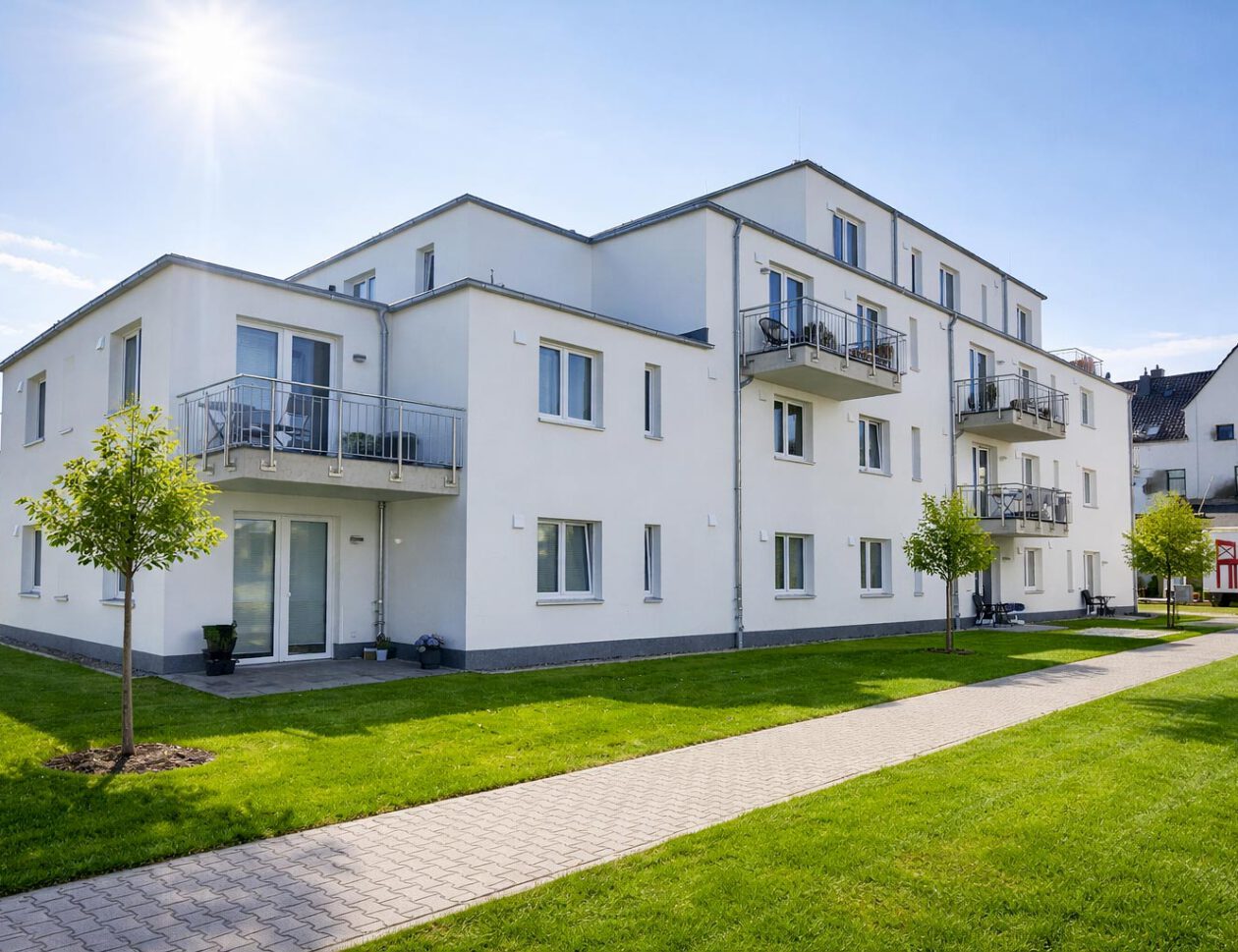 Gartenansicht eines Mehrfamilienhauses in Lehrte-Hämelerwald mit Balkonen, Erdgeschossterrassen und gepflegten Grünflächen – energieeffizienter Neubau mit Vinylboden und 3-fach-Verglasung