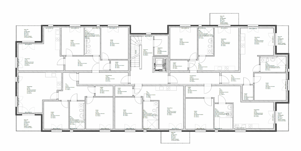 Grundriss des ersten Obergeschosses eines Mehrfamilienhauses in Lehrte-Hämelerwald mit 2- und 3-Zimmer-Wohnungen, Balkonen, Bädern und Abstellräumen – KfW-55-EE-geförderter Wohnungsbau