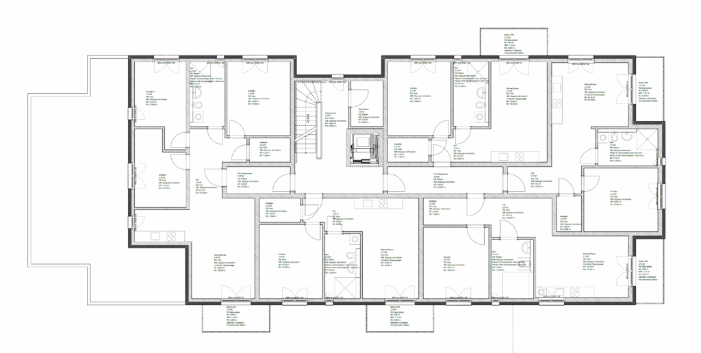 Grundriss des zweiten Obergeschosses im geförderten Mehrfamilienhaus Niedersachsenstraße 9, Lehrte-Hämelerwald – 2- und 3-Zimmer-Wohnungen mit Balkonen, Fußbodenheizung und dezentraler Lüftungsanlage