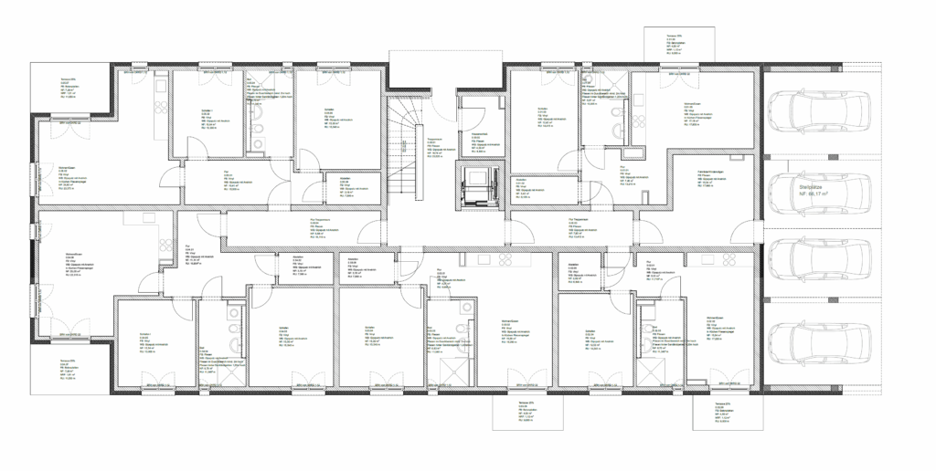 Grundriss des Erdgeschosses im Mehrfamilienhaus Lehrte-Hämelerwald mit 2- und 3-Zimmer-Wohnungen, Terrassen, Fahrrad- und Kinderwagenraum sowie 68 Pkw-Stellplätzen – KfW-55-EE-Standard