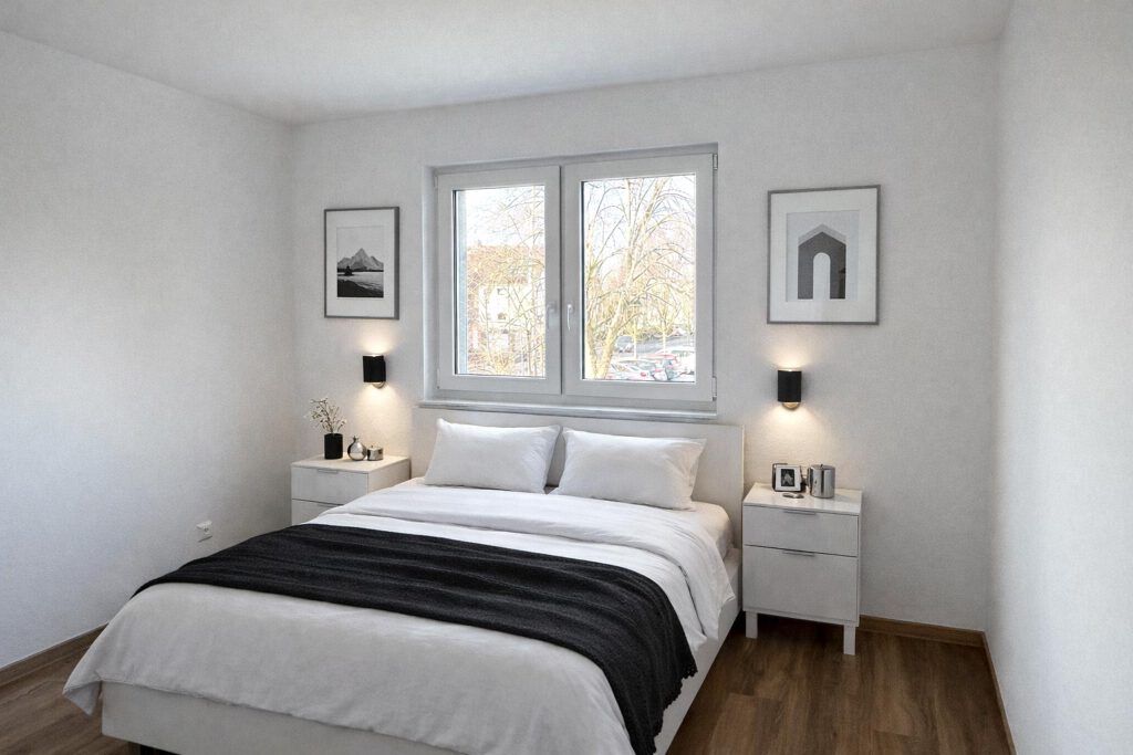 Helles Schlafzimmer einer Mietwohnung im Neubau Lehrte-Hämelerwald mit Doppelbett, modernem Vinylboden, weißen Wänden und 3-fach-verglasten Fenstern