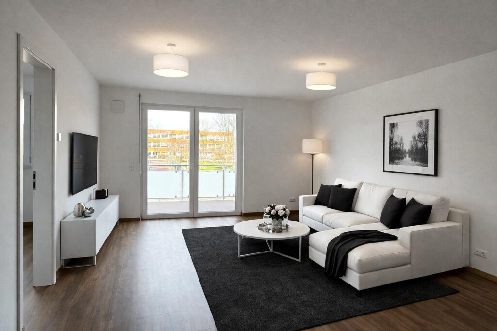 Modernes Wohnzimmer mit Balkonzugang in einer Mietwohnung in Lehrte-Hämelerwald – helle Raumgestaltung, Vinylboden, weiße Wände und großzügige Fensterflächen für viel Tageslicht