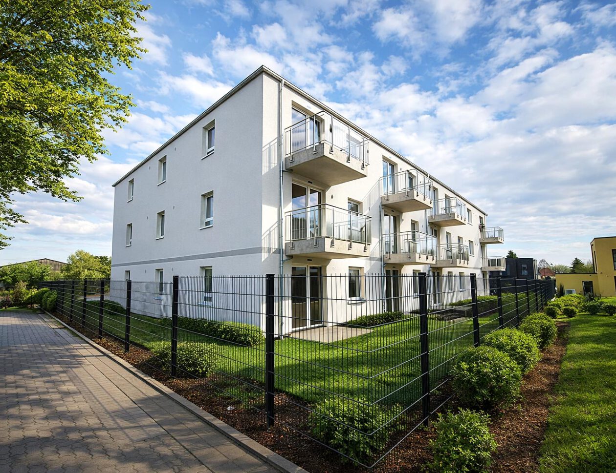Außenansicht des Mehrfamilienhauses am Werbeker Ring in Pattensen mit weißer Putzfassade, Balkonen und gepflegten Grünanlagen – geförderter Neubau mit 24 Wohneinheiten, KfW-55-Standard, Fertigstellung 2026