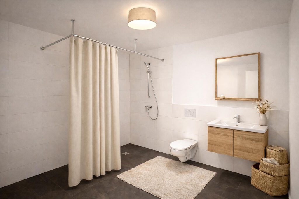 Helles Badezimmer einer geförderten Mietwohnung am Werbeker Ring in Pattensen mit bodenebener Dusche, wandhängendem Holzwaschtisch und großformatigen Wandfliesen – barrierefrei und modern ausgestattet