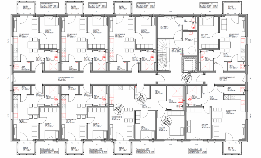 Grundriss des ersten Obergeschosses im Mehrfamilienhaus Werbeker Ring Pattensen mit 8 Wohneinheiten – 2- und 3-Zimmer-Wohnungen mit Balkonen, Bädern und Abstellräumen, geförderter Wohnungsbau KfW 55