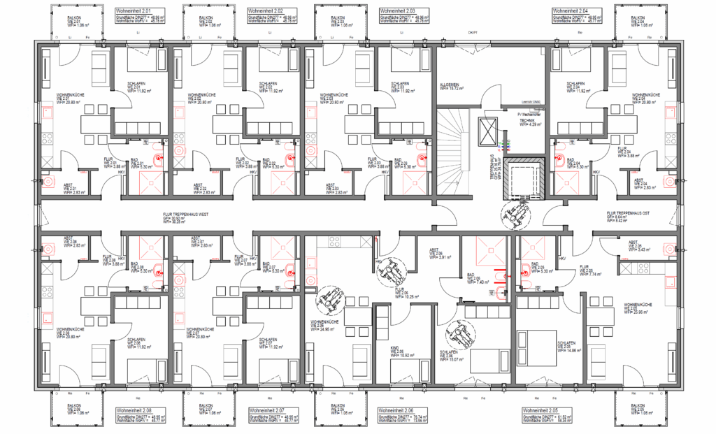 Grundriss des zweiten Obergeschosses im geförderten Mehrfamilienhaus Werbeker Ring Pattensen mit 8 Wohneinheiten – 2- und 3-Zimmer-Grundrisse mit Balkonen, Fußbodenheizung und dezentraler Lüftungsanlage