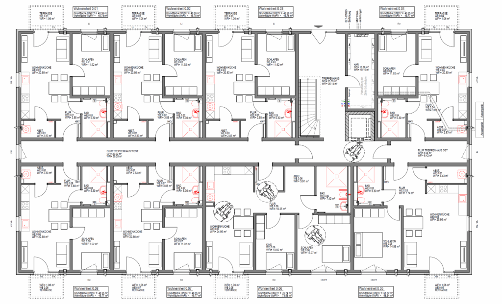 Grundriss des Erdgeschosses im Mehrfamilienhaus Werbeker Ring Pattensen mit 8 Wohneinheiten – 2- und 3-Zimmer-Wohnungen mit privaten Terrassen, barrierefreiem Zugang und Pkw-Stellplätzen