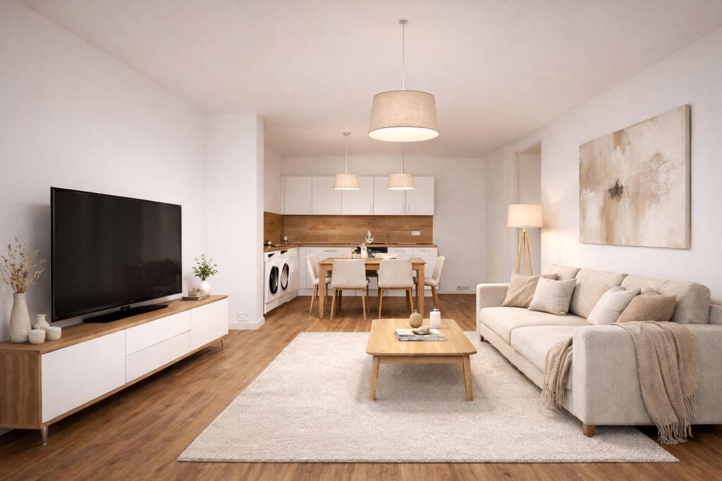 Offener Wohn- und Küchenbereich einer Neubauwohnung am Werbeker Ring in Pattensen mit weißen Küchenfronten, Holzoptik-Arbeitsplatte, Vinylboden und großzügigem Essbereich – helle 2- bis 3-Zimmer-Wohnung