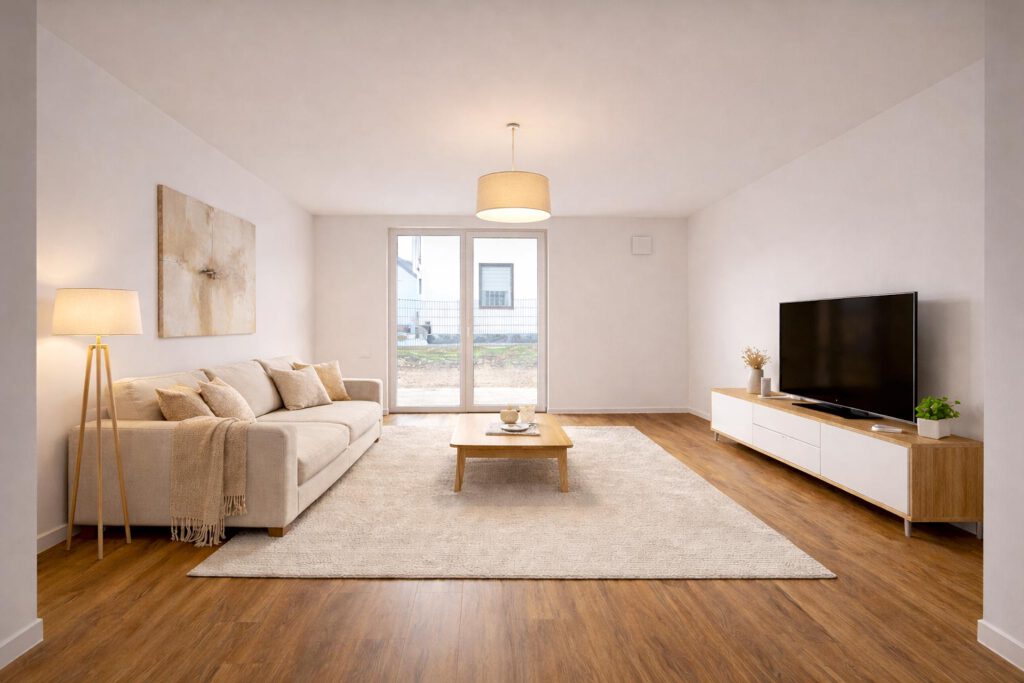 Helles Wohnzimmer einer Erdgeschosswohnung am Werbeker Ring in Pattensen mit Terrassenzugang, Vinylboden in Holzoptik und moderner Einrichtung – geförderter Neubau mit Fußbodenheizung