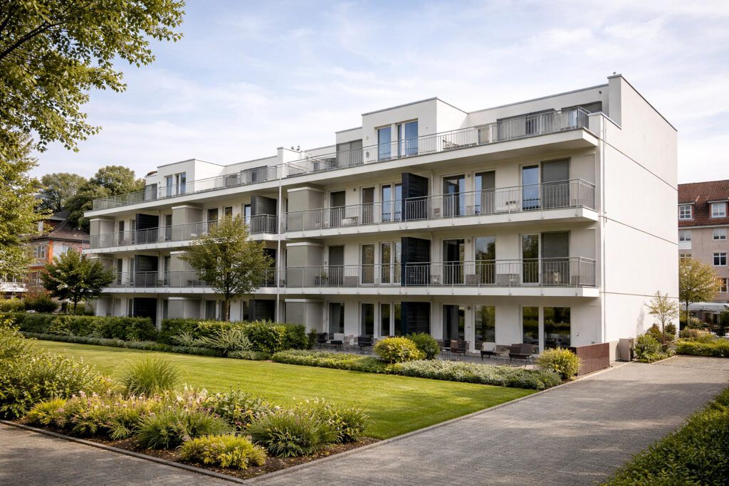 Gartenansicht des fertiggestellten Mehrfamilienhauses Peiner Straße in Sehnde mit Balkonen, Erdgeschossterrassen, Dachterrassen im Staffelgeschoss und gepflegten Außenanlagen – geförderter Wohnungsbau mit 36 Mietwohnungen