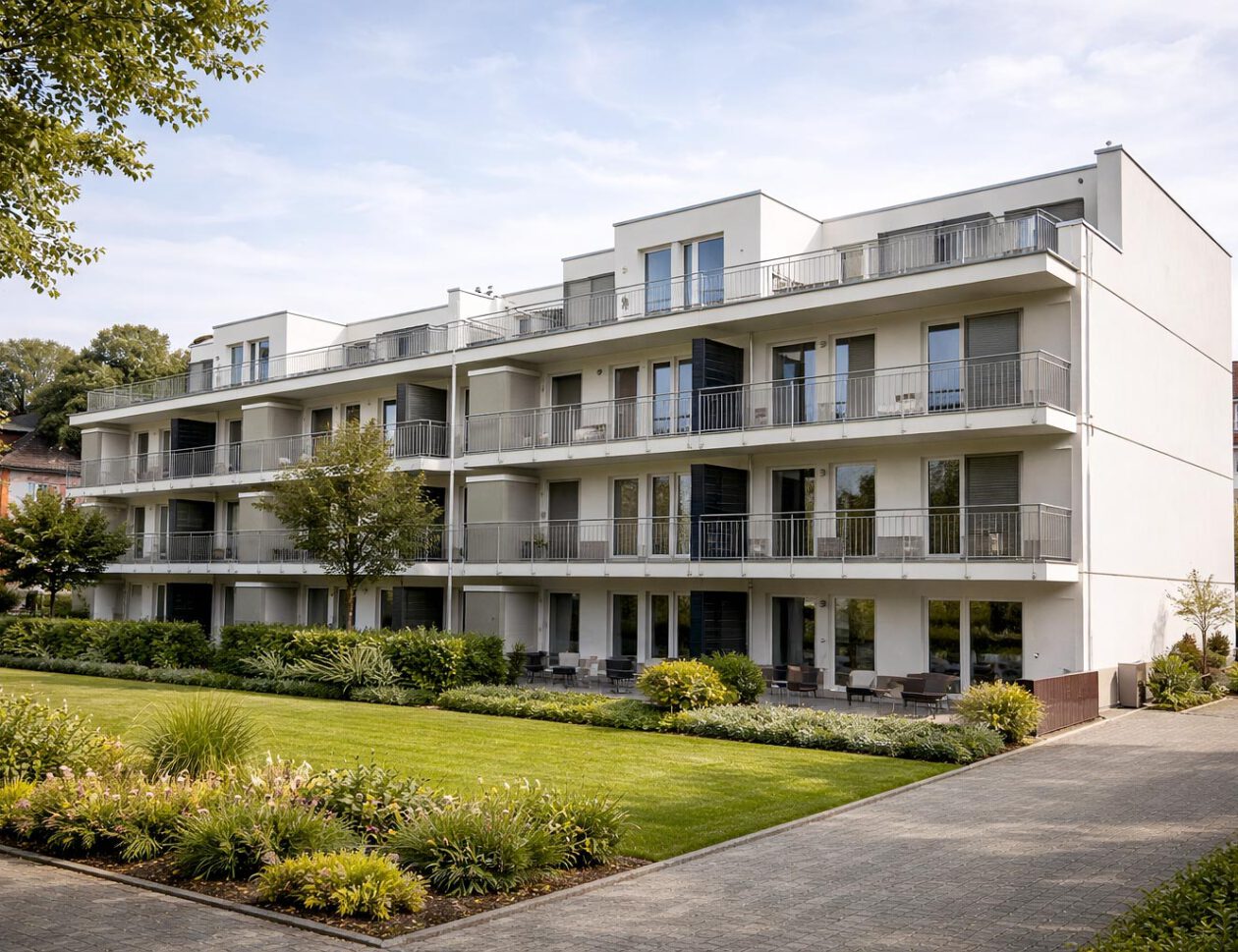 Gartenansicht des fertiggestellten Mehrfamilienhauses Peiner Straße in Sehnde mit Balkonen, Erdgeschossterrassen, Dachterrassen im Staffelgeschoss und gepflegten Außenanlagen – geförderter Wohnungsbau mit 36 Mietwohnungen