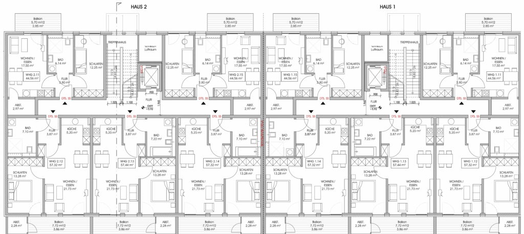 Grundriss des zweiten Obergeschosses der beiden Mehrfamilienhäuser Peiner Straße Sehnde – 2-Zimmer-Wohnungen mit Balkonen, offenen Wohnküchen und Abstellräumen, geförderter Wohnungsbau Energieeffizienzklasse A