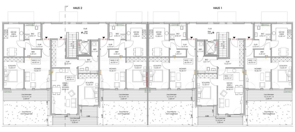 Grundriss des Staffelgeschosses der beiden Mehrfamilienhäuser Peiner Straße Sehnde – 2-Zimmer-Wohnungen mit großzügigen Dachterrassen bis 12 m², Wohnflächen bis 60 m², geförderter Mietwohnungsbau