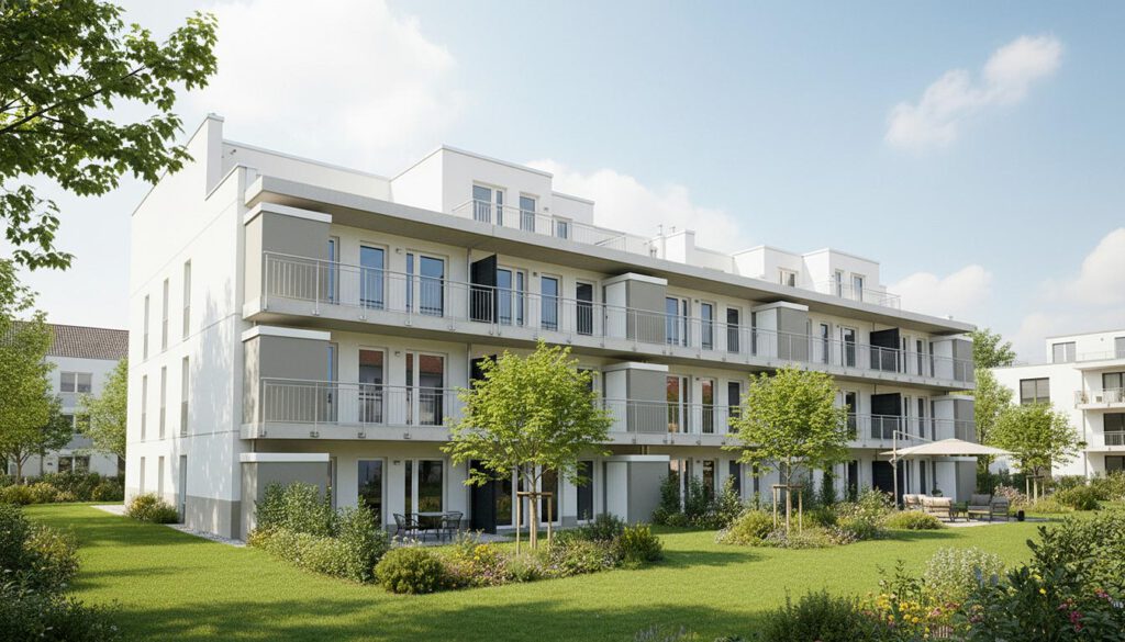 Visualisierung der Gartenansicht des geförderten Mehrfamilienhauses in Sehnde, Peiner Straße – zwei Baukörper mit Balkonen, Dachterrassen im Staffelgeschoss und großzügigen Grünanlagen, 36 Mietwohnungen, Fertigstellung 2020