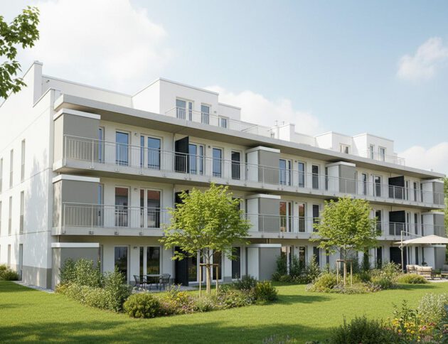 Visualisierung der Gartenansicht des geförderten Mehrfamilienhauses in Sehnde, Peiner Straße – zwei Baukörper mit Balkonen, Dachterrassen im Staffelgeschoss und großzügigen Grünanlagen, 36 Mietwohnungen, Fertigstellung 2020
