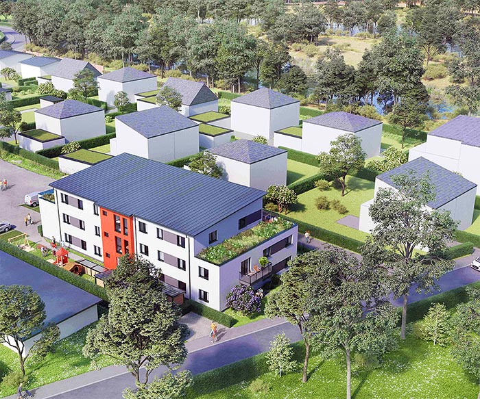 Mehrfamilienhaus realisiert durch Hybridenergiehaus GmbH. Ansicht: Überflug