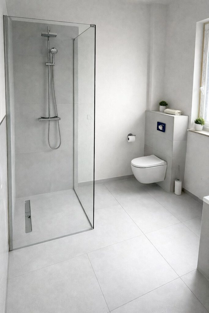 Modernes Badezimmer mit bodengleicher Dusche, Glasabtrennung und großformatigen hellen Fliesen in einer Neubauwohnung in Gehrden