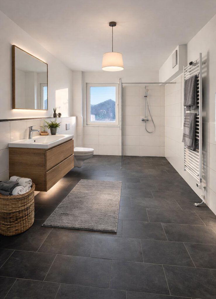 Modernes Badezimmer mit bodengleicher Dusche, Holzwaschtisch und großformatigen Fliesen in einer Neubauwohnung in Heisede