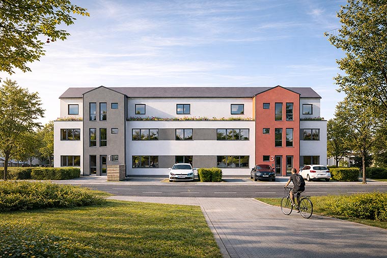 Neubauprojekt mit 18 Eigentumswohnungen am Grünen Weg in Lindhorst, moderne Putzfassade in Weiß, Grau und Rot
