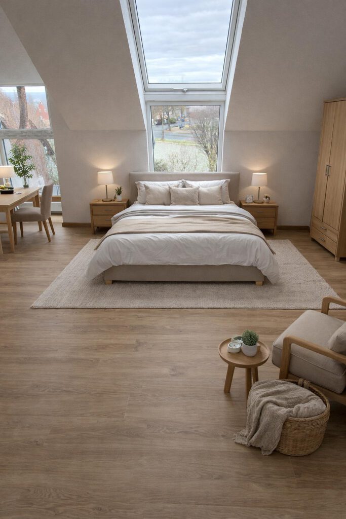 Helles Dachgeschoss-Schlafzimmer mit Doppelbett, Dachfenster und Vinylboden in einer Neubauwohnung in Gehrden