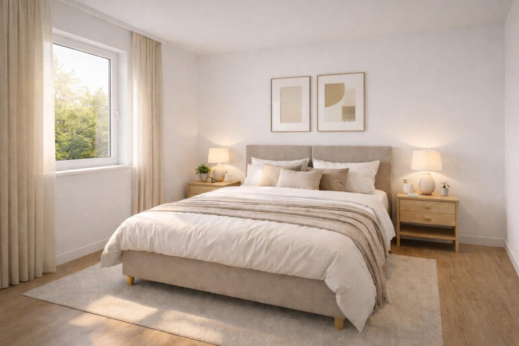 Helles Schlafzimmer mit Doppelbett, Holzmöbeln und Fensterblick ins Grüne in einer Neubauwohnung in Heisede