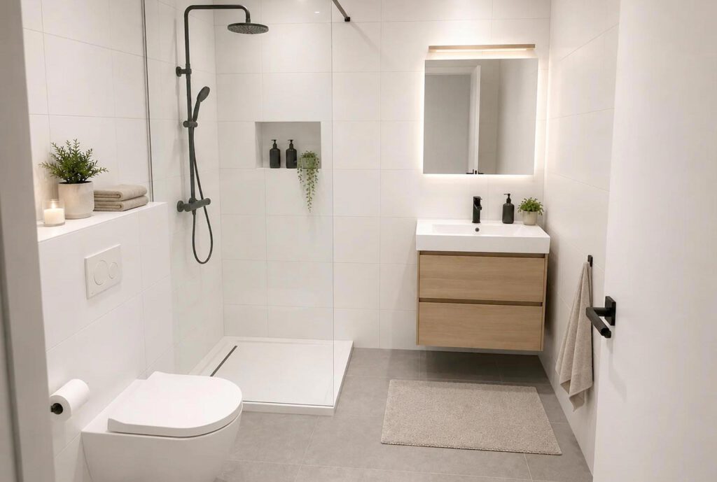 Modernes Badezimmer mit bodengleicher Dusche und Waschtisch in einer 2-Zimmer-Wohnung im Neubau Grüner Weg Lindhorst
