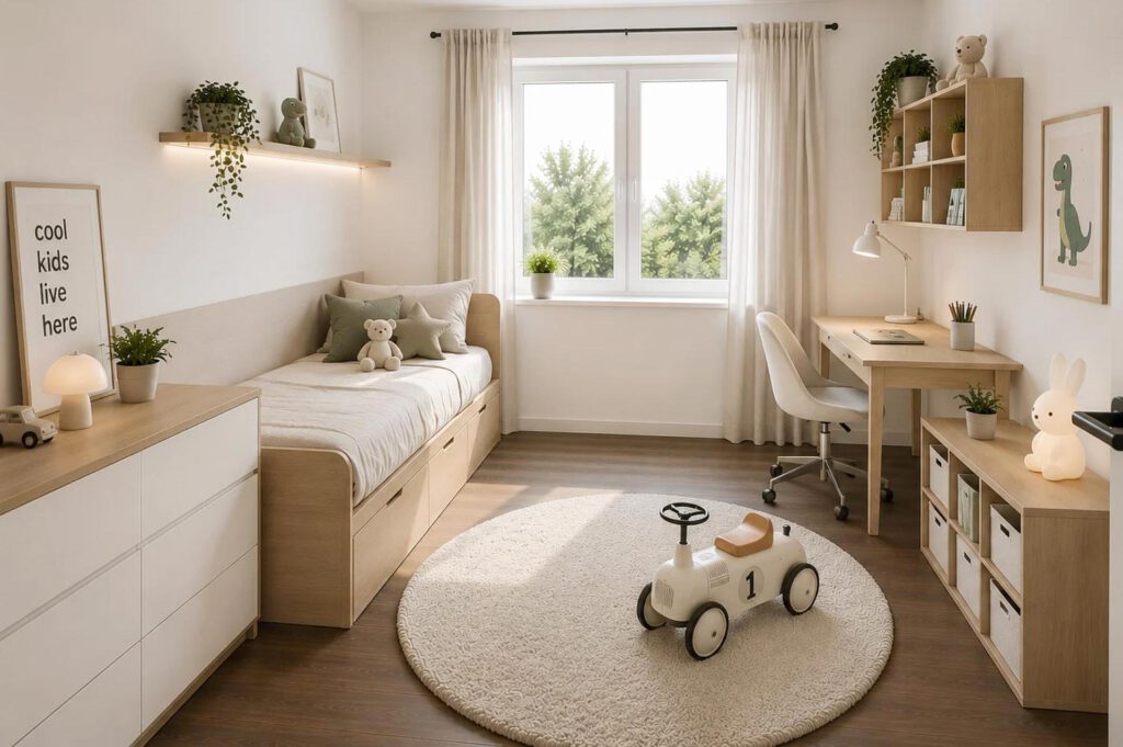 Helles Kinderzimmer mit Einzelbett, Schreibtisch und Spielbereich in einer 3-Zimmer-Wohnung im Neubau Grüner Weg Lindhorst