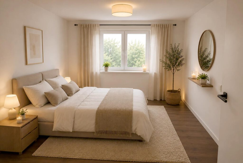 Helles Schlafzimmer mit Doppelbett und Holzakzenten in einer 2-Zimmer-Wohnung im Neubau Grüner Weg Lindhorst