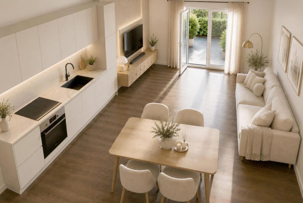 Offene Wohnküche mit Essbereich und Terrassenzugang in einer 3-Zimmer-Wohnung im Neubau Grüner Weg Lindhorst