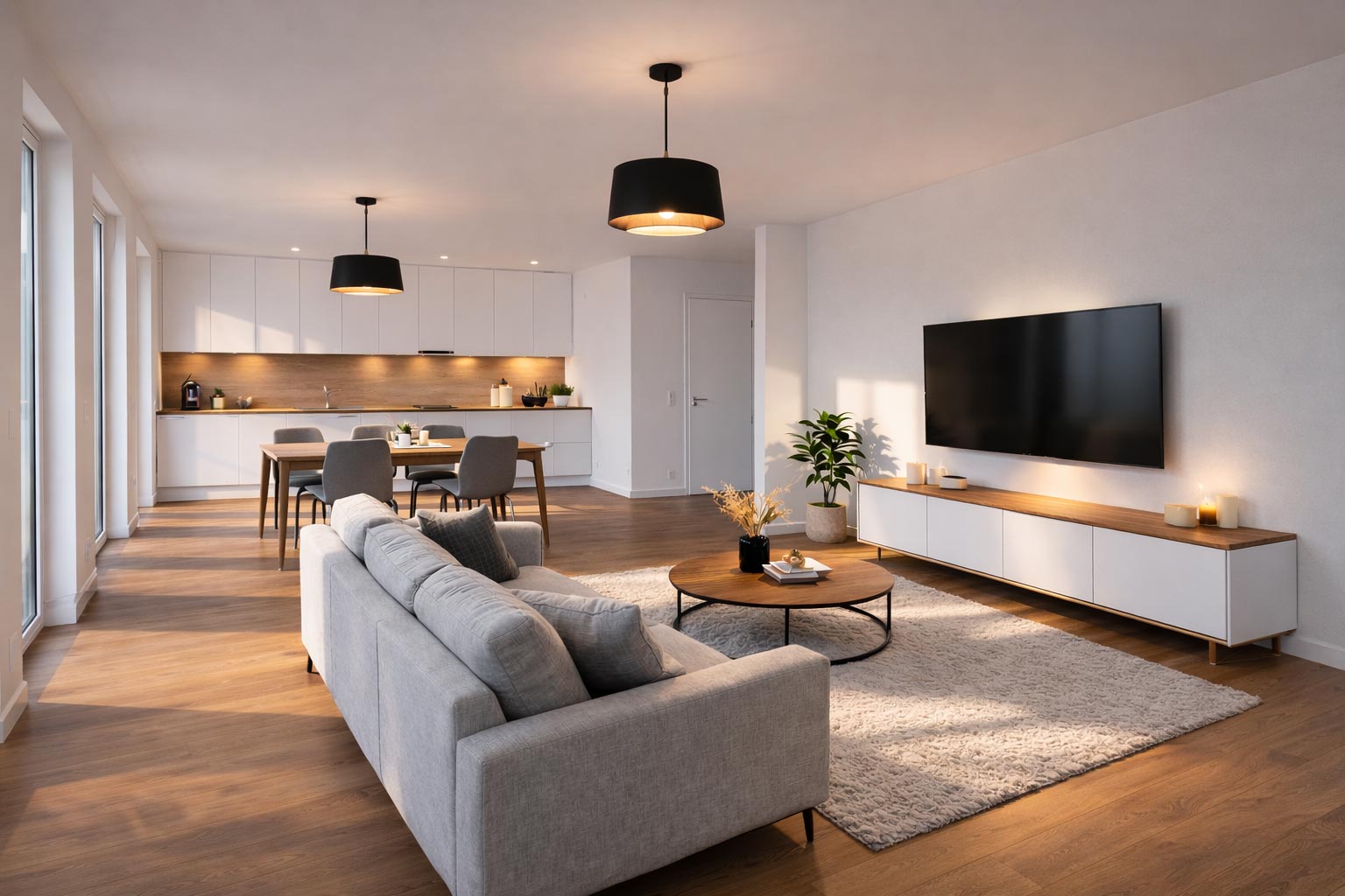 Offenes Wohnzimmer mit Küche und Esstisch in einer Neubauwohnung am Forellensee in Heisede, helles Parkett und moderne Einrichtung